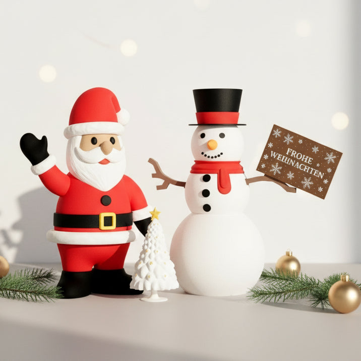 3er Set mit Weihnachtsmann, Schneemann (personalisierbares Schild) & LED-Teelichtbaum